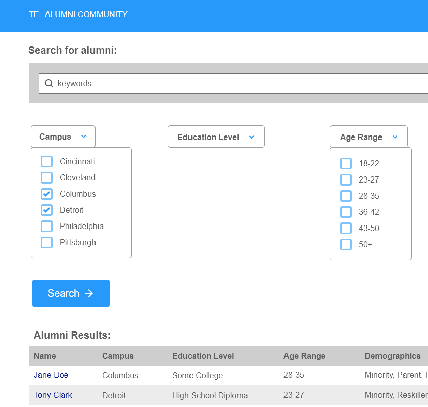 Search page wireframes